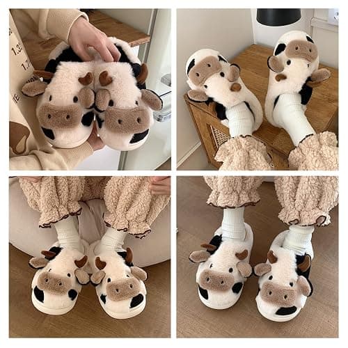 PUWAN Cute Fuzzy Cow Slippers for Women, Cartoon Plush Warm Cow Slippers for Girls Funny, Novelty and Soft Cotton Slipper, Women's Winter House Shoes Suitable for Indoor Bedroom Dormitory thumbnail 5