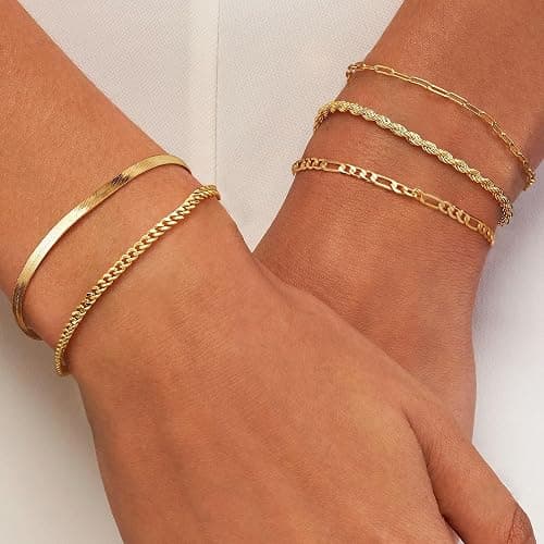 Krfy 5/6Pcs Gold Plated Bracelets for Women Trendy, S925 Plated Silver Bracelet Stack, Non Tarnish Waterproof Bracelets for Women, Paperclip Herringbone Figaro Cuban Twist Chains, Size 6.5''+2'' thumbnail 6