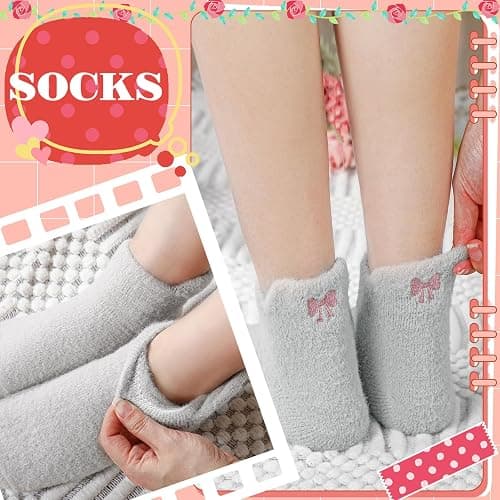Skicuff 5 Pair Women Bow Fuzzy Socks Stuff Coquette Pink Cozy Fluffy Ankle Slipper Socks for Women Girls Preppy Stuff thumbnail 5