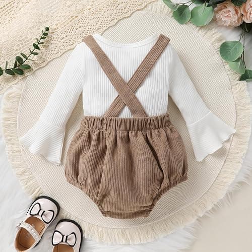 Tiny Cutey Newborn Baby Girl Clothes Bell Sleeve Romper and Corduroy Overalls Shorts Infant Girl Fall Outfits thumbnail 2