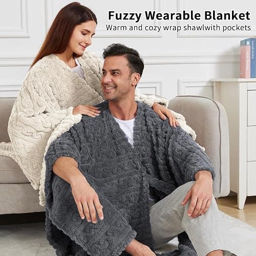Wearable Blanket Poncho Cape Wrap for Adult, Cozy Sherpa Fleece Pocketed Shawl TV Throw Blankets for Office and Lounge(Ivory,58'' x 64'') thumbnail 5