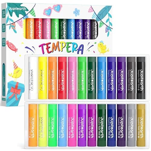 JUPITEARTH Tempera Paint Sticks for Kids, Quick Drying, 24 Colors | Non-Toxic and Washable Paint Sticks, 120 PDF Coloring Pages and 30 Stickers, Smooth, Mess-Free Art Supplies for Crafts - Image 1