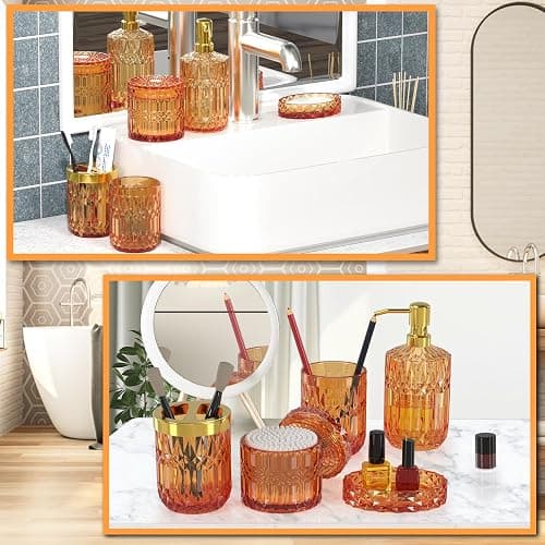 Orange Glass Bathroom Accessories Set 5 Pcs, Orange Bathroom Set, Soap Dispenser and Toothbrush Holder Set, Qtip Holder Set, Vintage Bathroom Sink Set, Cute Bathroom Decor thumbnail 7