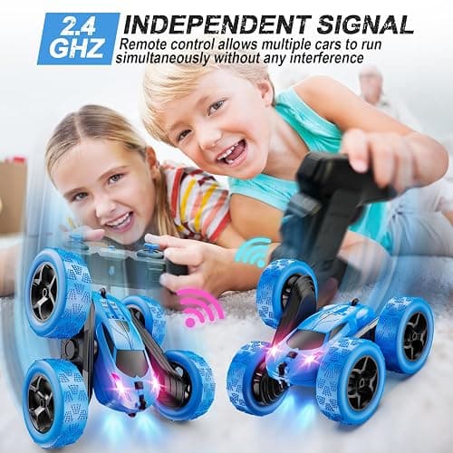 QUNREDA Remote Control Car, RC Cars Toys for Kids Ages 6-12, 4WD Stunt Car with LED Lights & 360° Flips, 2.4GHz, Upgraded USB-C Modular Batteries, 8-10 Year Old Boys Birthday Gift 1-Blue thumbnail 3