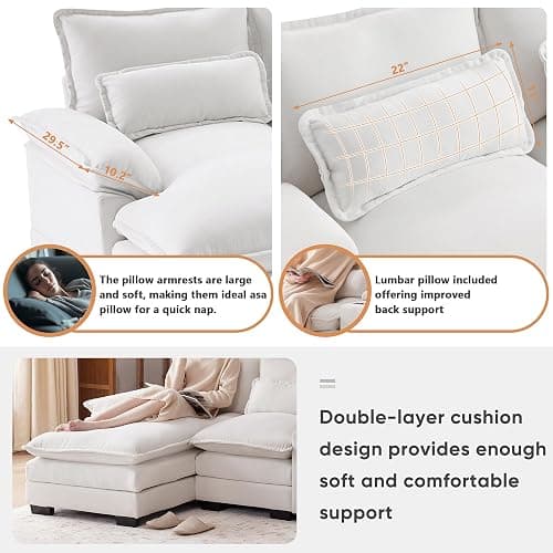 mikibama Luxury Modern 123'' U Shaped Sofa for Living Room, 4 Seater Comfy Cloud Couch Sleeper, Upholstered Sectional Couch Set with Console, Cup Holders & USB Ports, Chenille, White thumbnail 4