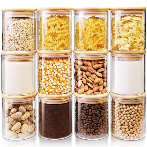 HomArtist Glass Jars with Bamboo Lids 17 FL OZ [Set of 12], Glass Canisters with Airtight Lids, Glass Food Storage Containers for Spice, Coffee, Sugar, Tea, Candies, Cookies,Best for Kitchen & Pantry - Image 1