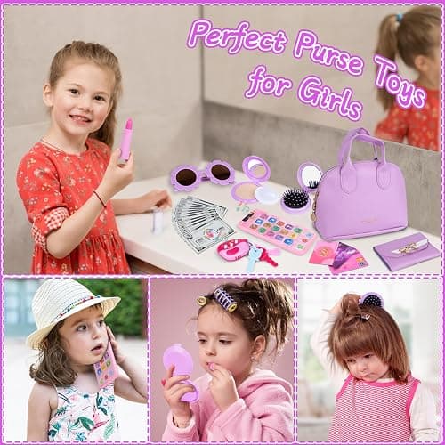 Kids Purple Play Purse Set for Little Girls 3-5 with Wallet Accessories | My First Pretend Handbag with Sunglasses, Cards, Interactive Keys, Smartphone and Fake Money Makeup Set thumbnail 7