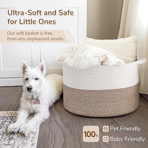 INDRESSME XXXLarge Cotton Rope Basket 21.7" x 21.7" x 13.8" Woven Baby Laundry Blanket Basket Toy Baskets with Handle Storage Comforter Cushions Thread Laundry Hamper Home Decor Living Room thumbnail 7