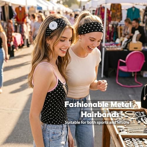 Weazppre 5 Pieces Wide Stretchy Metal Grommet Hair Accessories, Rock Style Black and White Design Fashionable Metal Hairbands for Sports and Casual Y2K Daily Looks thumbnail 6
