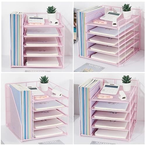 LEKETREE Desk Organizers and Accessories, 5-Tier Paper Letter Tray Organizer with File Holder, Desktop Organizer for Office Supplies (Pink) thumbnail 5