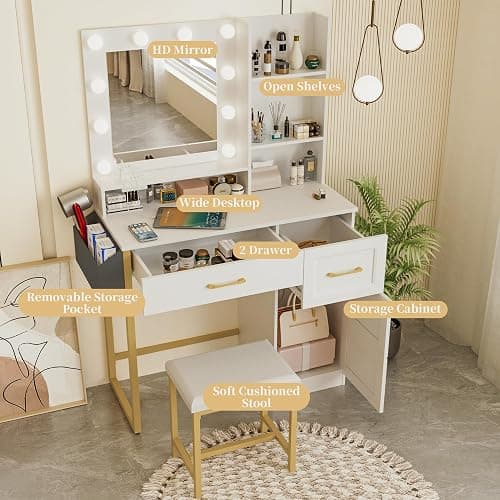 BONITURE Vanity Desk with Mirror, LED Lights and Power Outlet Makeup Vanity Table Set, Makeup Table with Stool 2 Drawers, 3 Color Modes Available for Bedroom,White+Gold thumbnail 5
