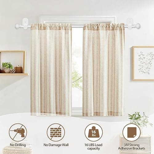 KAMANINA Curtain Rods No Drilling for Windows 32 to 58 Inches, 5/8 Inch No Drill Renter Friendly Curtain Rod with 3M Adhesive Brackets, Ivory White thumbnail 2