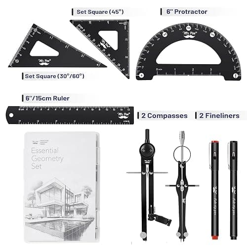 Mr. Pen- Professional Geometry Set, 15pcs, Black Geometry Kit for Artists and Students, Geometry Set, Metal Rulers and Compasses, Drawing Tools, Drafting Supplies, Drafting Set, Drafting Tools and Kit thumbnail 4