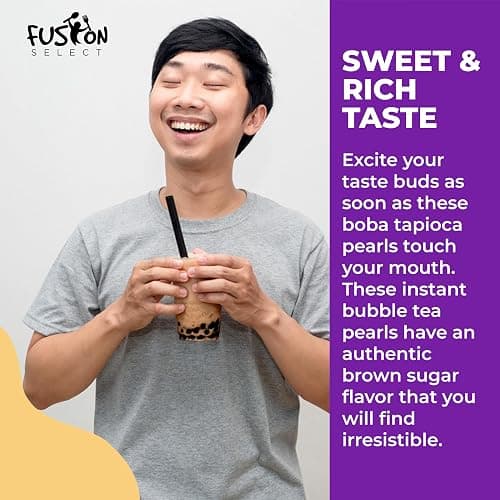 Fusion Select 12 Instant Boba - No-Cook Instant Tapioca Pearls for Bubble Tea Drinks, Hot or Cold Sweet Milk Beverage - Microwave or Heat With Boiling Water - Real Brown Sugar Flavored Balls thumbnail 6