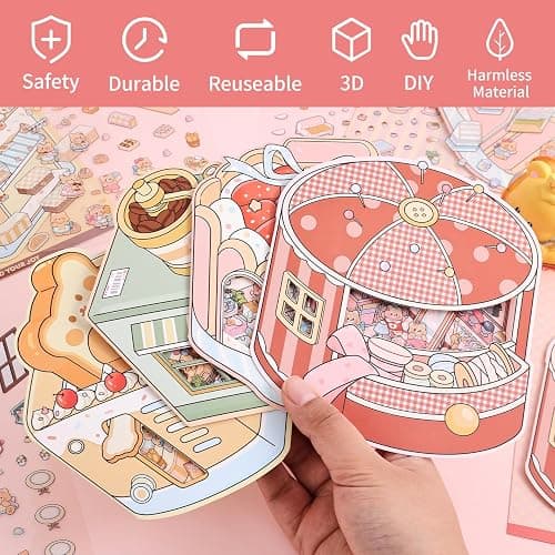 Girls 3D Miniature Scene Stickers, 4 Sets Mini Shop DIY House Stickers for Clothing Store, Coffee Shop, Bakery, Dessert Shop, Cute 3D Cartoon Sticker Scenes for Adult Kids Relief Stress Pass The Time thumbnail 3