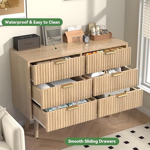 SFDOU Wooden Fluted Dresser for Bedroom,Modern Wide Chest of 6 Drawers Dressers for Bedroom Furniture,Wood Drawer Dresser with Storage, Easy to Assemble Dressers for Living Room,Hallway thumbnail 5