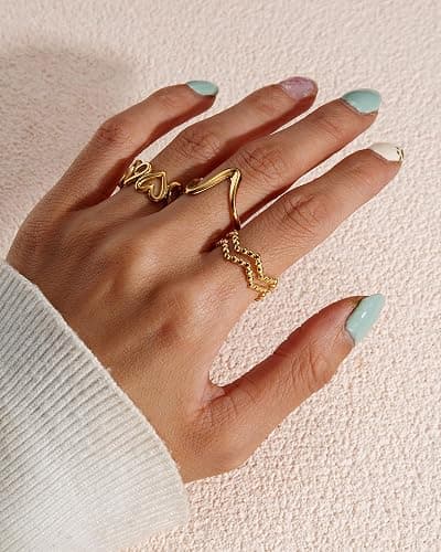BETTY&SARAH 9PCS Gold Rings for Women Non Tarnish, 18K Gold Plated Chunky Adjustable Stackable Rings, Open Stacking Knuckle Ring Set Gifts thumbnail 3
