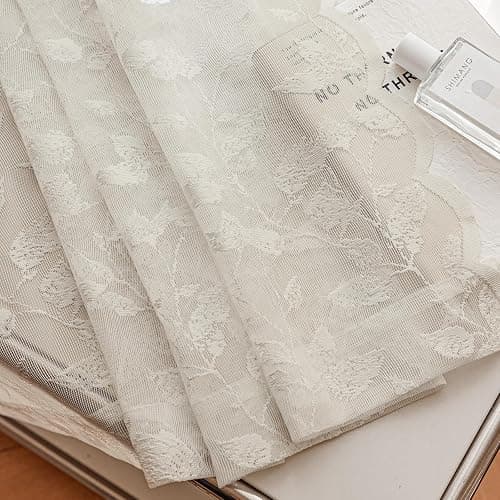 Rinwoc Beige Lace Sheer Curtains – Vintage Leaves Pattern Lace Curtains for Living Room/Bedroom, Light Filtering Modern Privacy Light Filtering Rod Pocket Window Drapes, 52W x 63L Inch, 2 Panels thumbnail 7