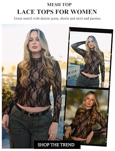 Avidlove Women's Mesh Top Long Sleeve Mock Neck Sheer Blouse See Through Floral Lace Tops thumbnail 2