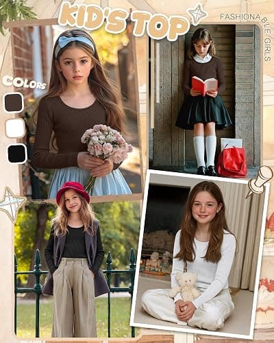 LessonZoo 3 Pack Girls Long Sleeve Shirts Ribbed Cotton Layering Tops Scoop Neck Slim Fit Basic Tee Undershirts 5-14 Years thumbnail 2
