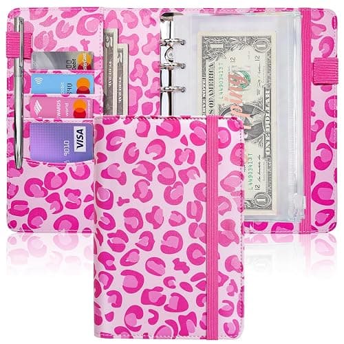 A6 Budget Binder for Money Saving, PU Leather Budget Planner with 8 Cash Envelopes, Budget Sheets & Rose Gold Category Stickers, Money Organizer for Cash (Pink Leopard) - Image 1