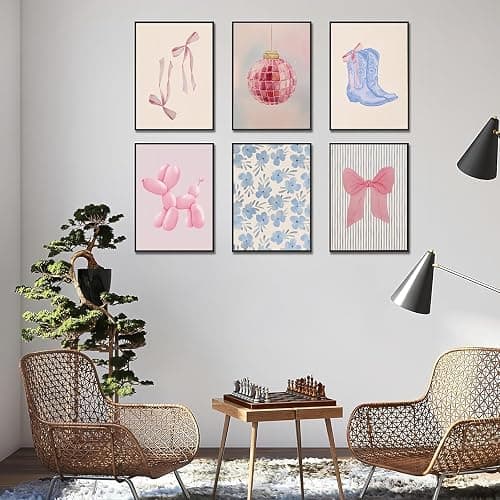 Blue and Pink Preppy Poster Set of 6, Cute Coquette Bow Boots Wall Decor Aesthetic Coastal Canvas Prints Wall Art, Trendy Girls Dorm Decor Cute Pink Bows Wall Decor, for Bedroom Living Room Dorm Home Decor 8x10 Unframed thumbnail 2