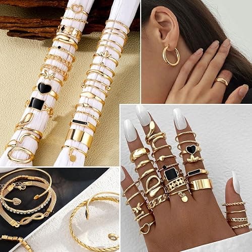 17IF 38-59 Pcs(9-8 Pack) Gold Plated Jewelry Set for Women With 8 Necklace 12 Bracelet 27 Ring 12 Pair Earring Hoop Simple Sparkle for Happy thumbnail 5