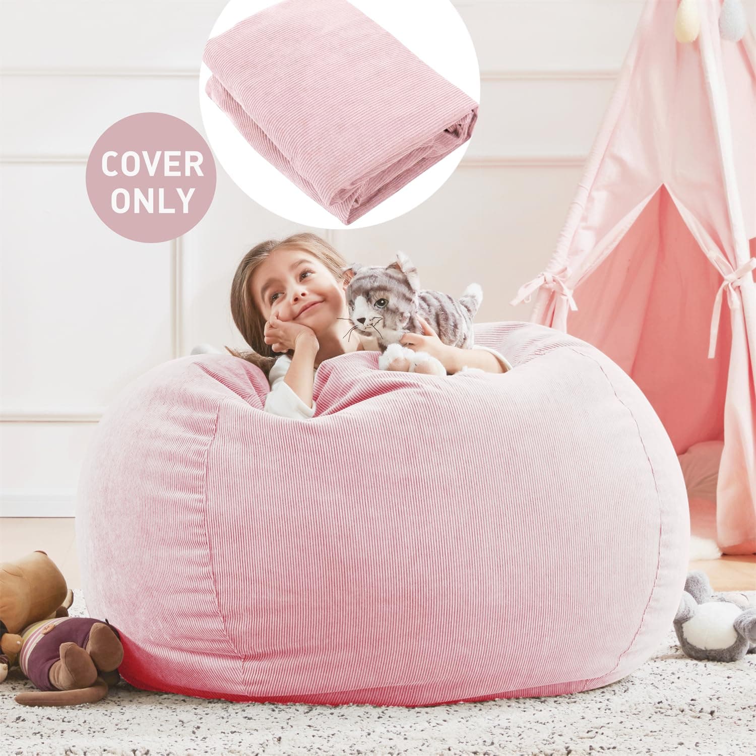 Nobildonna Bean Bag Chair Cover (No Filler) for Kids and Adults. Extra Large 300L Beanbag Stuffed Animal Storage Soft Premium Corduroy - Large(Cover Only) - Pink thumbnail 9
