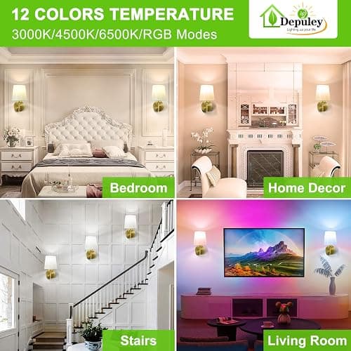 Depuley Battery Operated Wall Sconce: Set of 2 Wireless Wall Lights with Remote Control - Rechargeable 10000mAh RGB Wall Lamp with 15 Colors, Gold Finish for Bedroom Living Room Hallway Home Decor thumbnail 3