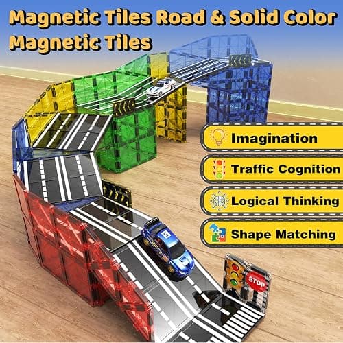 Magnetic Tiles - Road Set, Magnetic Building Blocks, Preschool Montessori Toys Gift for 3+ Year Old Boys and Girls, Sensory Christmas Toys for Kids Aged 3-5 and 4-8, Ideas for Toddler with Autism thumbnail 3