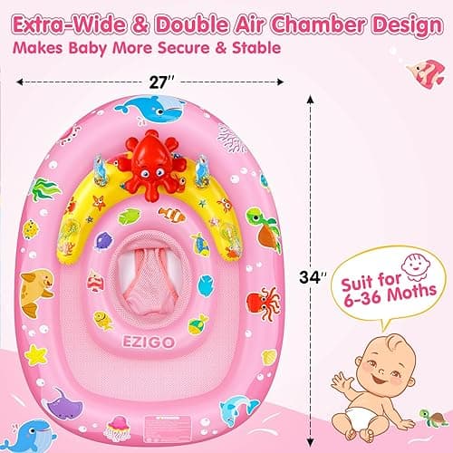 EZIGO Baby Pool Float with Canopy UPF50+ Sun Protection, Inflatable Kids Pool Floats with Ocean Animal Toys for Baby 6-36 Months, Infant Swimming Float with Adjustable Safety Seat for Boys Girls - Pink thumbnail 3