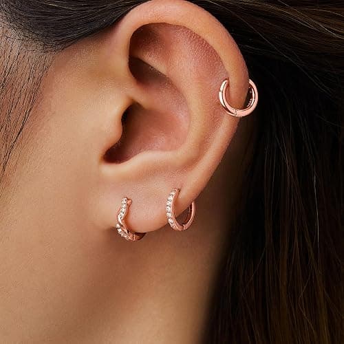 Inerney Gold Huggie Hoop Earrings Set for Women, Dainty Small Sterling Silver Earring for Multiple Piercing Hypoallergenic Jewelry, Trendy Twisted CZ Cartilage Earings for Women's Mother Gifts 3Pairs thumbnail 4