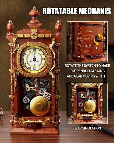 TYCOLE Vintage Pendulum Clock Building Block Set, Stem Toy with Real Clock Function and Linkable Mechanical Pendulum, Unique Home Decoration and Collectible for Adults&Kids 6+ thumbnail 6