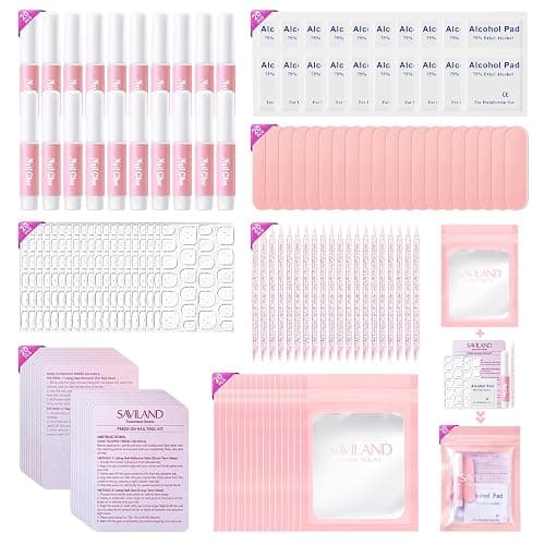 SAVILAND 20PCS Press on Nail Kit: Press On Nail Packaging with Nail File Glue Prep Pads Adhesive Tabs Acrylic Sticks Instruction Cards Pink Bags Nail Prep Application Supplies Manicure Disposable Kit - Image 1