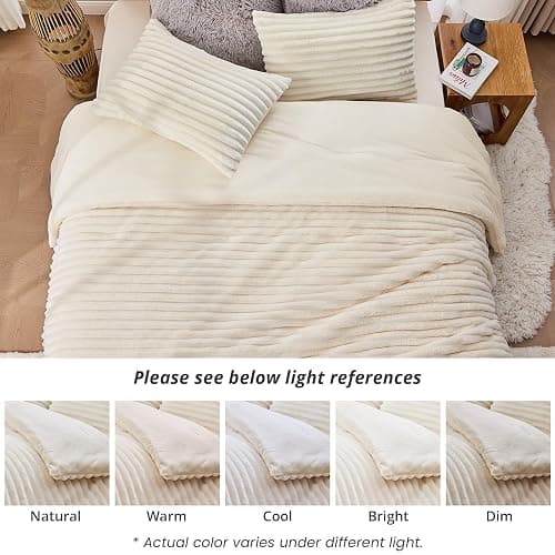 Sasttie Fluffy Comforter Set Queen 3 Pieces - Super Soft & Fuzzy Cream White Comforter Set for Winter Warm Fleece Bedding, 1 Luxury Heavy Faux Fur Down Alternative Comforter with 2 Pillow Cases thumbnail 9