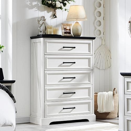ACCOHOHO Farmhouse 5 Drawers Dresser Chests for Bedroom,46" Tall Wood Rustic Chest of Drawers with Wide Metal Handle,Natural Texture,Drawer Organizer for Bedroom,Living Room,Hallway and Entryway,White - Image 1