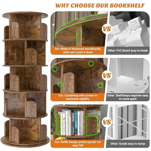 Aheaplus Rotating Bookshelf, 360 Display Wood Spinning Bookshelf Tower, 5 Tier Floor Standing Bookcase Storage Rack, Revolving Bookcase Corner Bookshelfs for Small Space, Study, Bed Room, Rustic Brown thumbnail 7