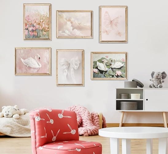 6Pcs Coquette Wall Art Pastel Pink Trendy Canvas Bow Posters White Swan Preppy Painting Butterfly Pictures Aesthetic Floral Prints Nursery Wall Decor for Teen Girls Bedroom College Dorm Unframed thumbnail 5