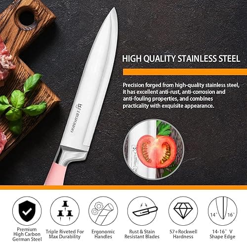 Kitchen Knife Set, Retrosohoo 9-Pieces Pink Sharp Non-Stick Coated Chef Knives Block Set,Stainless Steel Knife Set for Kitchen with Sharpener for Cutting Slicing Dicing Chopping (Pink) thumbnail 6