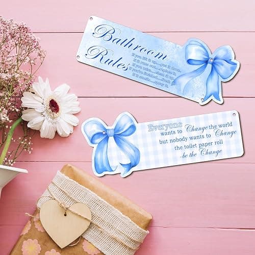MUZRUYOU Blue Bathroom Signs, Blue Bow Wooden Bathroom Wall Hanging, Fun Rustic Decor for Girls' Rooms, Teen Bedroom Decor, Gifts for Daughters and Besties thumbnail 2