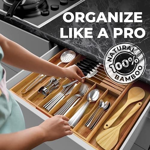 Premium Expandable Kitchen Drawer Organizer - 100% Bamboo Organizer Tray - Great for Silverware, Large Utensils, Flatware, Cutlery - 8 Compartments with Knife Block - Perfectly Fits Your Drawers thumbnail 6