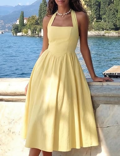 ZESICA Women's Summer Sleeveless Halter Midi Dress 2026 Off Shoulder High Waist Flowy Beach Wedding Guest Long Dresses thumbnail 7