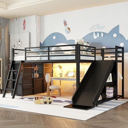 Bellemave Twin Size Loft Bed with 7 Non-Woven Fabric Drawers, Shelves and Wardrobe, Twin Loft Bed with Detachable Slide and Ladders, Low Profile Loft Beds with Lights, Noise Reduced Design Black thumbnail 7
