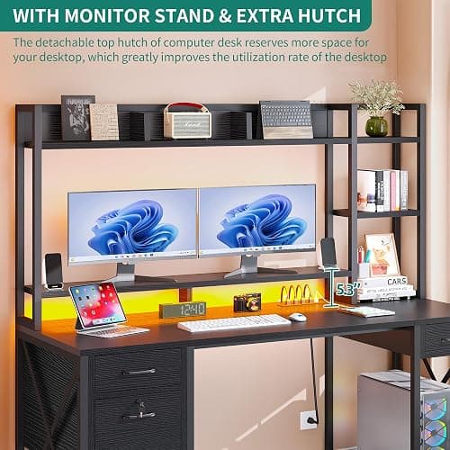 DWVO Computer Desk with Drawers & Hutch, 59.1" Office Desk with Power Outlets & LED Lights, Home Office Desk with Storage Shelves, Black thumbnail 8