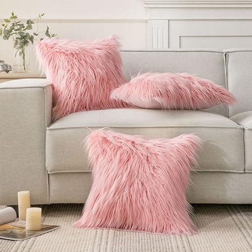 Phantoscope Faux Fur Solid Decorative Pillow Cover Fluffy Throw Pillow Mongolian Luxury Fuzzy Pillow Case Cushion Cover for Bedroom and Couch,Pink 18 x 18 Inches thumbnail 7