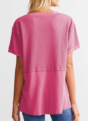 SHEWIN Womens Casual V Neck Waffle Knit Tops Short Sleeve T Shirts Loose Blouses thumbnail 4