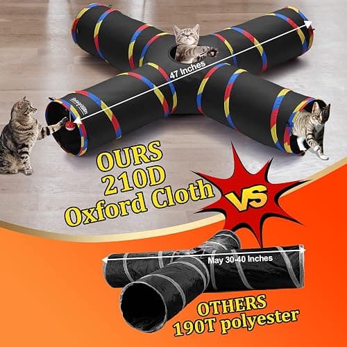 SweetBin 4 Way Large Cat Tunnels for Indoor Cats - 10" Diameter & 47" Long Play Tunnel Toy - Cat Tube with Play Ball & Mouse Toy - Interactive Peephole (Black) thumbnail 5