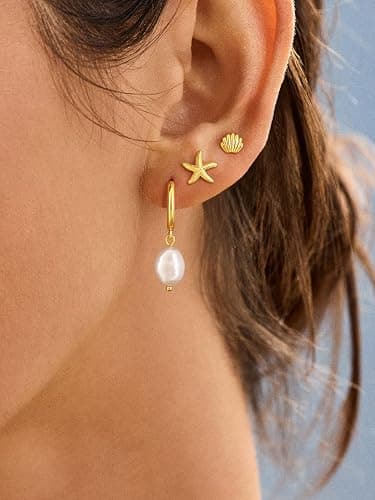 MBW Gold Starfish Earrings for Women, Small Dainty 14k Gold Plated Seashell Conch Pearl Hoop Dangle Earrings Stud Sets Beach Ocean Halloween Jewelry Gifts for Women Trendy thumbnail 3