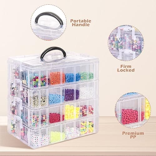 4-Tier Bead Storage Container, Craft Organizer Box with 32 Compartments, Clear Plastic Case with Handle, Includes Funnel and Brush (4-Tire Bead Organizer) thumbnail 3