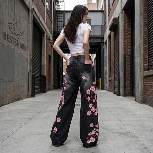 bestshark Baggy Women’s Wide Leg Jeans High Waisted Baggy Denim Pants Loose Fit Y2K Graphic Jeans Black thumbnail 3